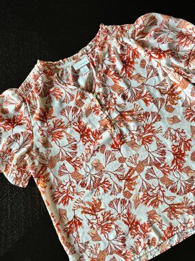 Liz Claiborne Coral Orange Ruffle‑Neck Smocked Blouse  Puff Sleeve Size S